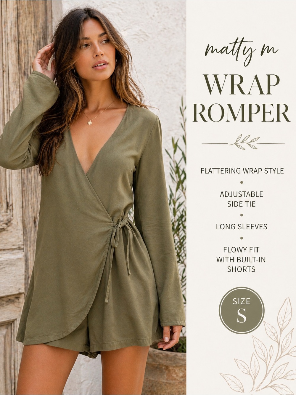 Matty M Olive Green Wrap Romper with‎ Side Tie